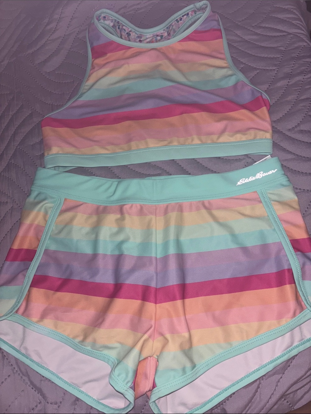 Eddie Bauer Girls Pastel Rainbow Striped Swim Top and Shorts